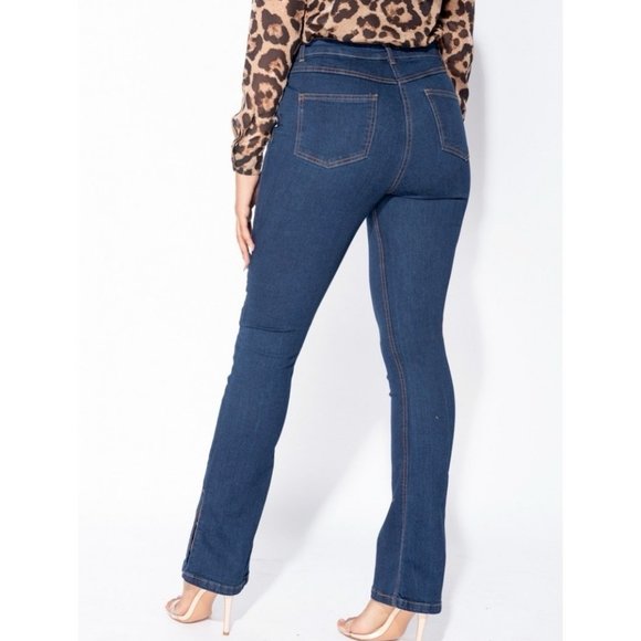 Blue High Waist Split Hem Skinny Flare Jeans Denim Pants - Picture 5 of 8